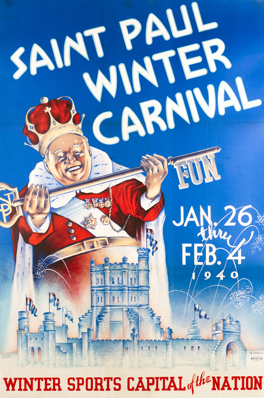 Overweight gentleman dressed in King's costume with crown holding a key that says "fun", castle in foreground, fireworks; blue, red, white, gray