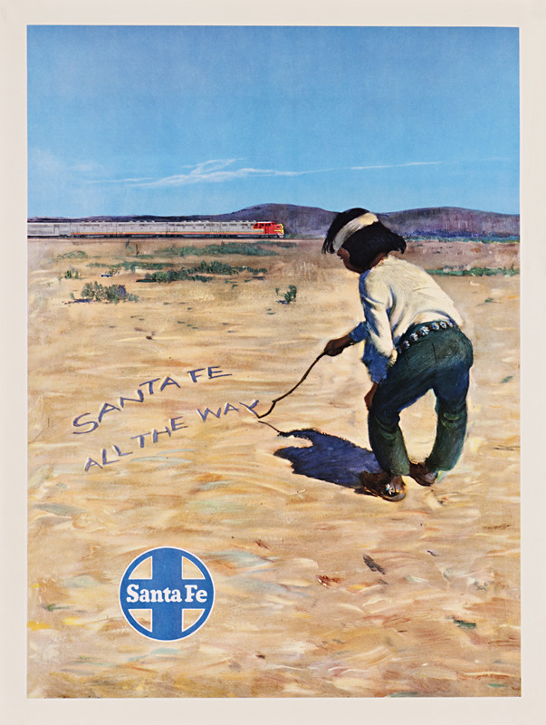 American Indian little boy scratching words in dirt, train goes by in distance; brown, yellow, blue, green