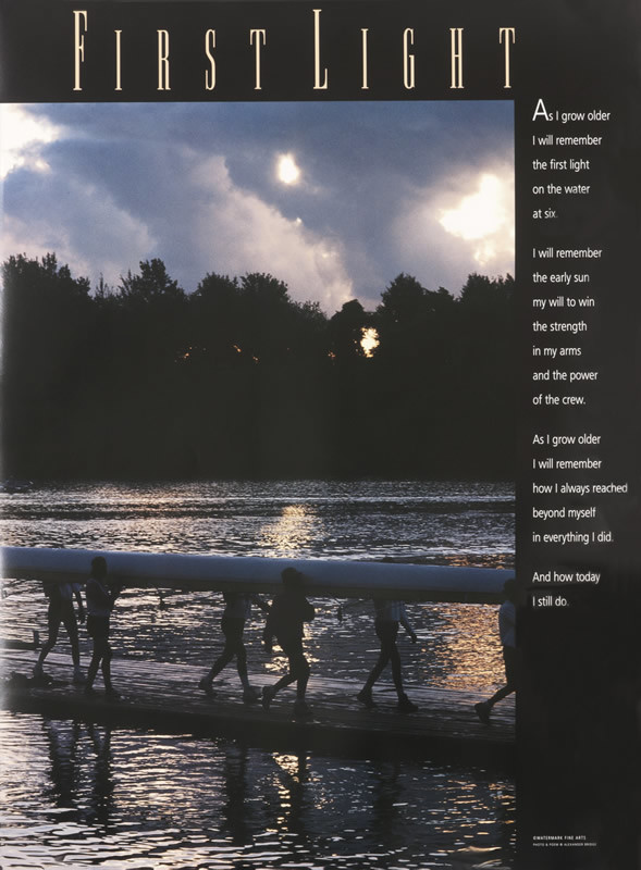 Photo of rowers carrying boat on pier at sunrise next to text; black, blue, purple