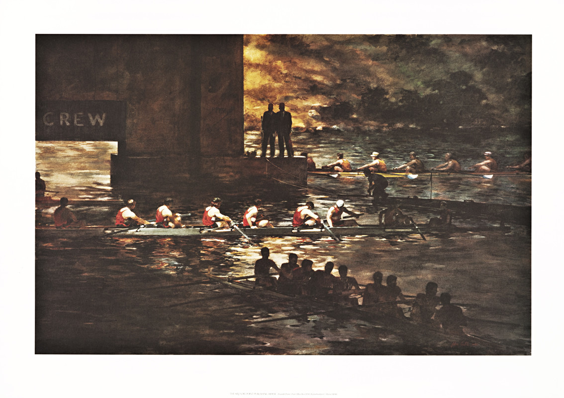 Teams of sweep boat rowers pass under a bridge; brown, blue, red