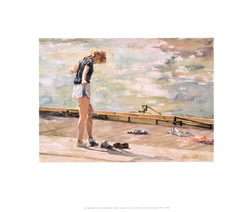 Young rower on pier takes off shoes near single scull in water; blue, green, brown