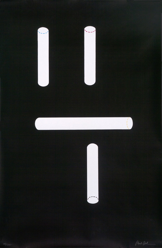 Number 4 made of four thin cylinders; black, white, blue, pink, yellow