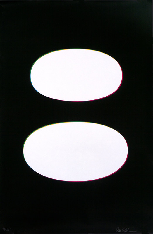 Number 8 created by edges of poster and two horiz. ovals; black, white, pink, green, yellow, blue