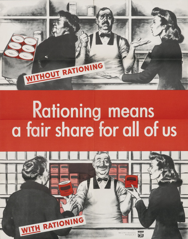 Two cartoonish images compare the lack versus the availability of food due to rationing; black, white, red