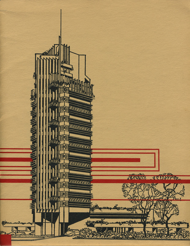 Paper folder including photos, notes, and postcards of the tower; red, beige, black