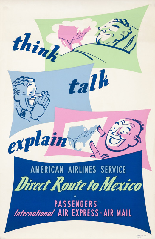 one man thinks in bed, a second gestures while talking, and a third explains while pointing
 to an American Airlines map; green, pink, blue