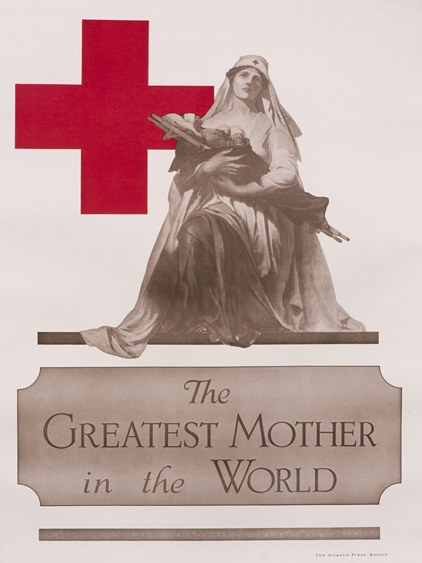 Kneeling Red Cross nurse cradling a miniature wounded soldier in her arms; black, red