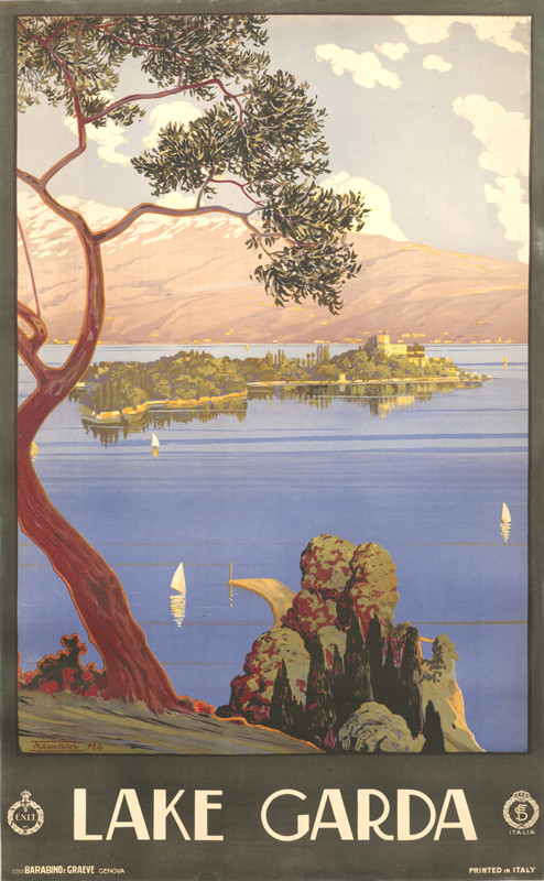 Lake scene w/ olive tree and sailboat; green, blue, orange