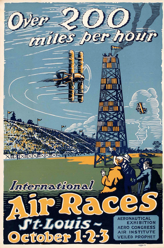 Air planes race around field; blue, green, yellow