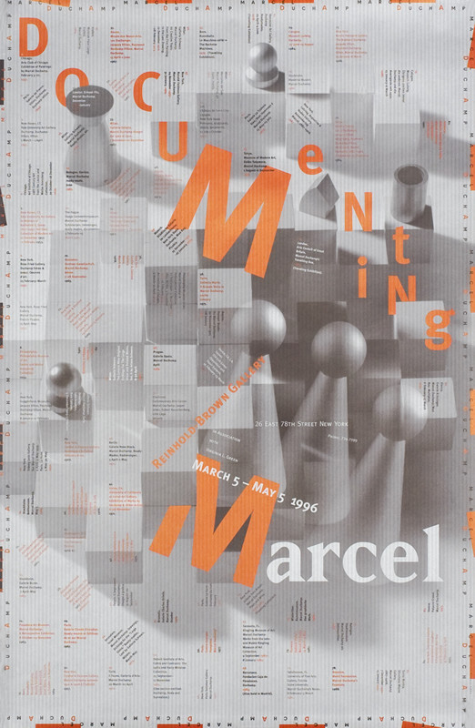Abstract shapes, notes of Marcel Duchamp's exhibits; white, gray, orange