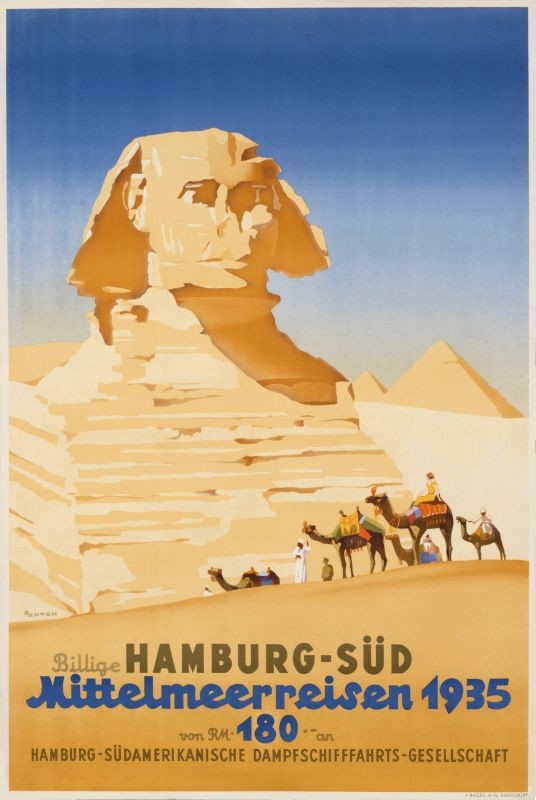Sphinx with Pyramids and men on camels; beige/tan, blue