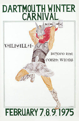 Viking god Odin in battle armor raises hammer; gray, white, red