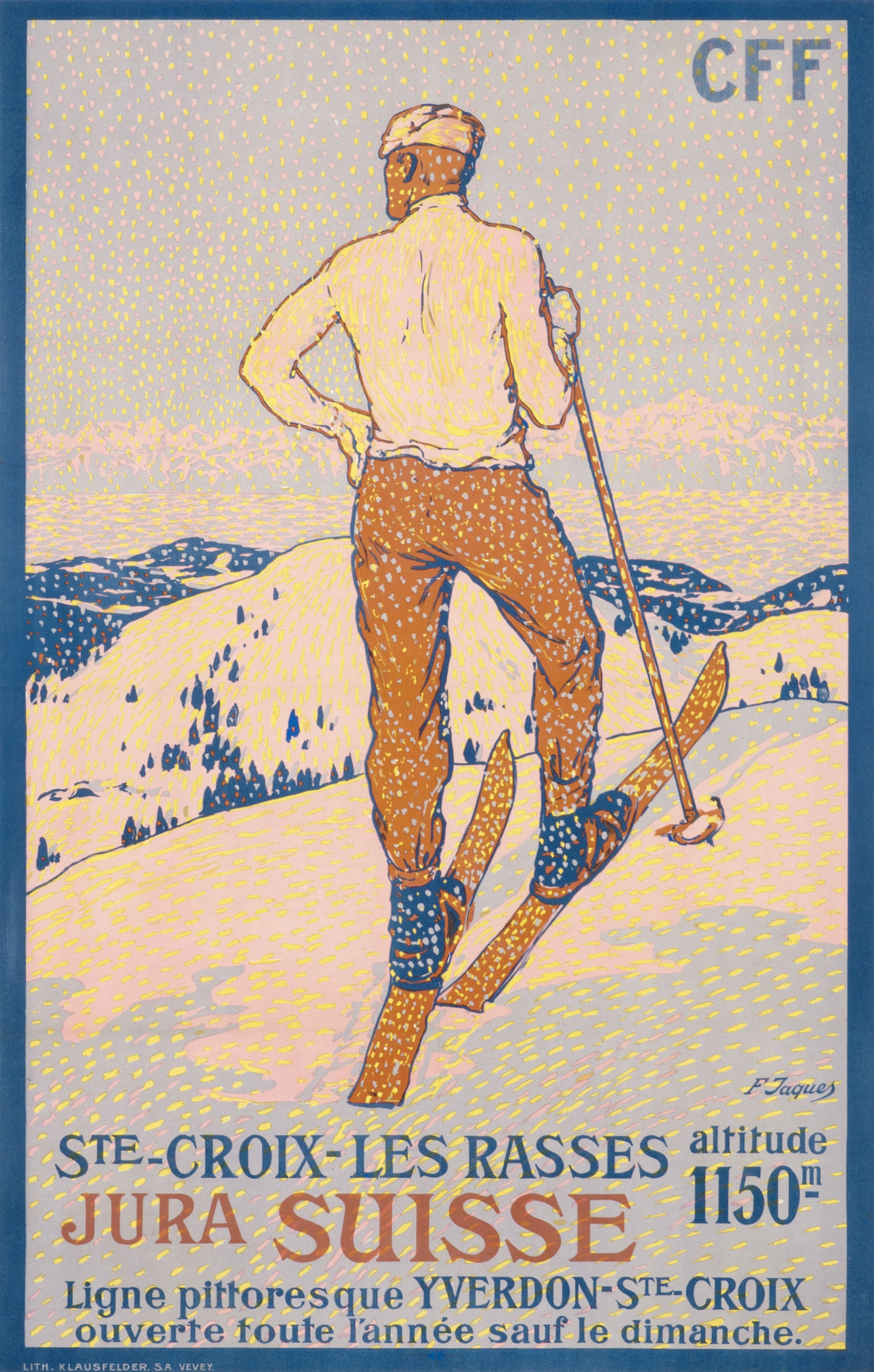 Behind view of man on skis taking rest on mountains; blue, white, yellow