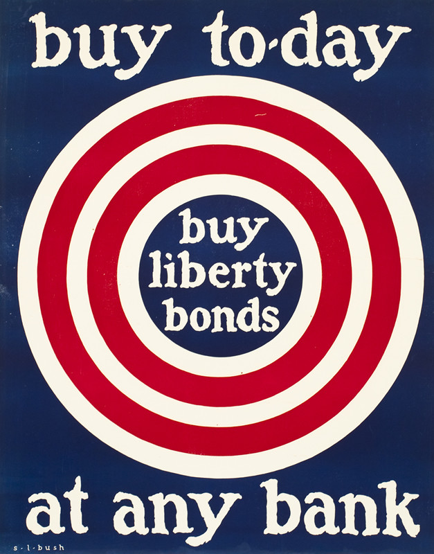 Bull's eye, text in center; blue, red, white