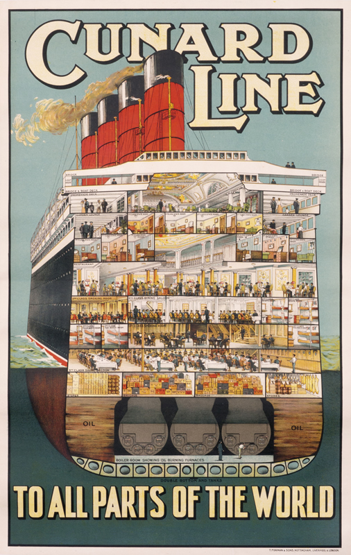 Ocean liner cut away to reveal below deck activity; red, green, yellow