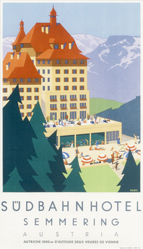 View of Hotel in mountains; green, red, brown, purple