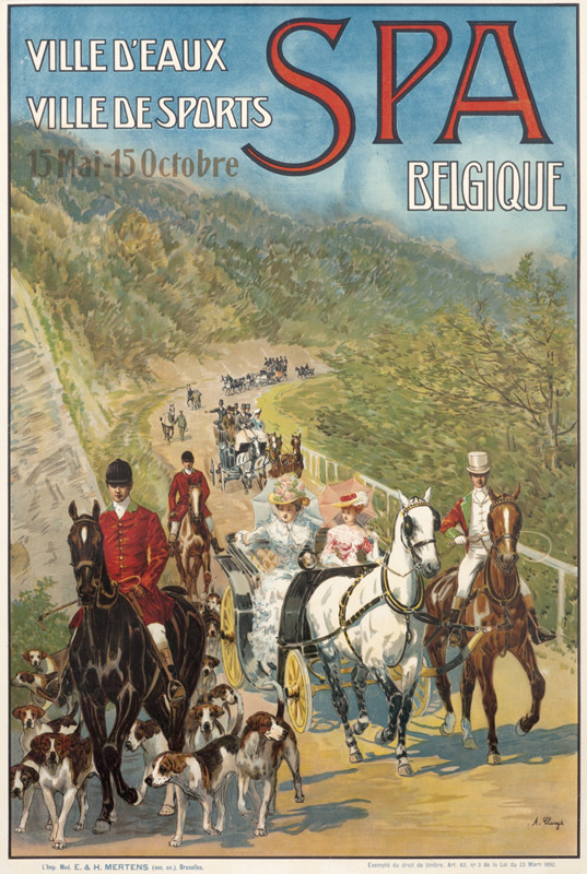 Carriages with ladies head to fox hunt; red, blue, green
