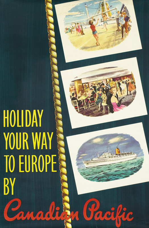 Length of rope, three inset images of people playing on deck, having dinner and dancing, ocean liner; green yellow, blue, red