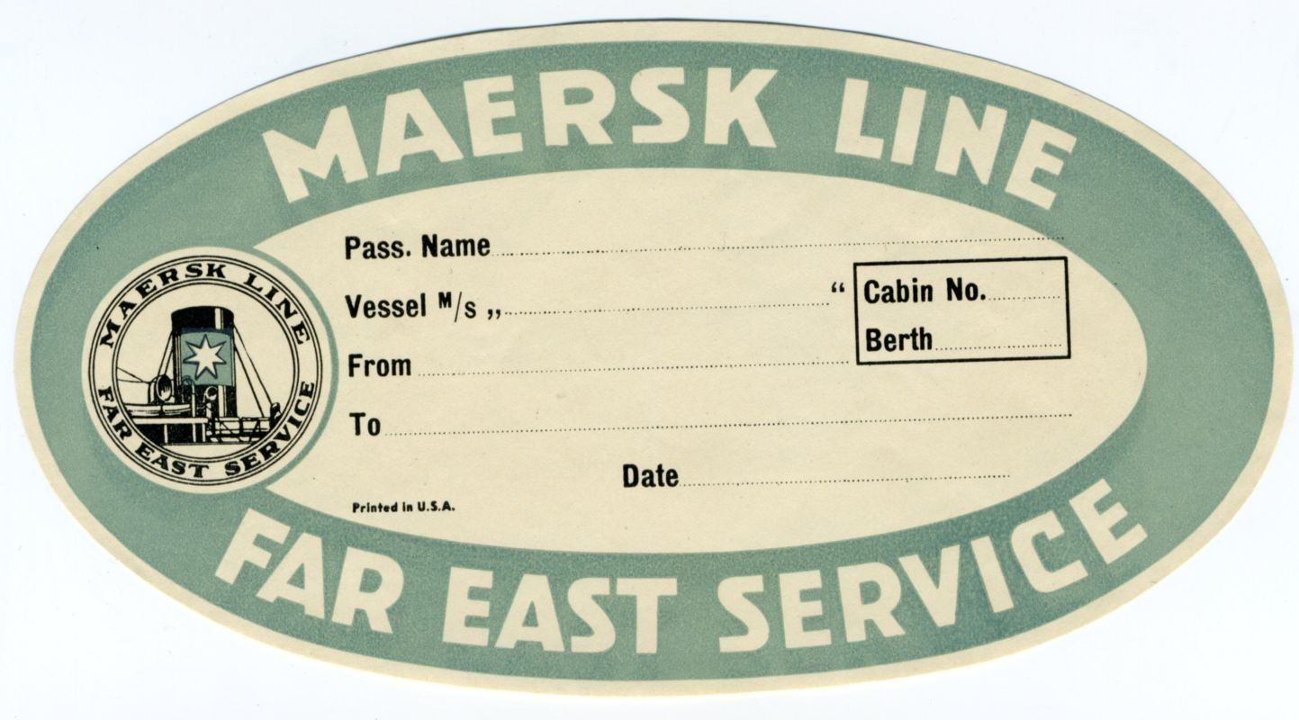 Oval label with Maersk icon on left side; white, blue