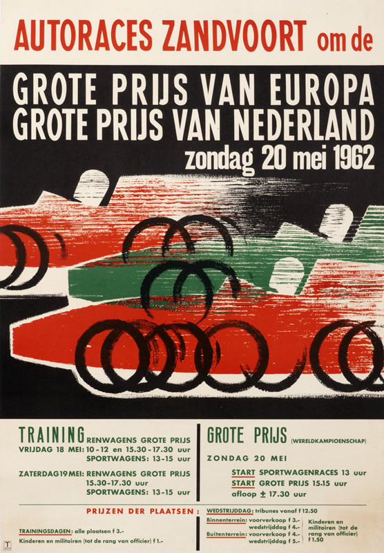 Abstract race cars speed down track with text on top and bottom; red, green, black, white