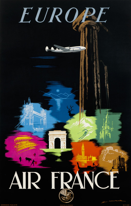 Plane flies overhead, brightly colored scenes of various European destinations below; black, blue, green, orange