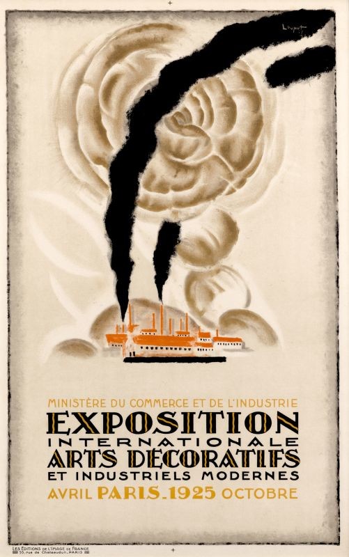 factory smokestacks send up smoke; gold, black, orange