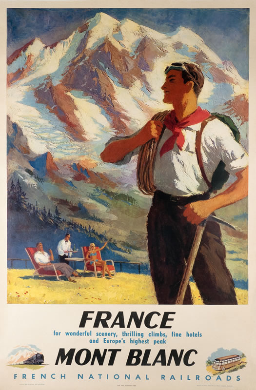 mountain climber in foreground with gear, people waving in back, snowy mountain behind; brown, white, green, red