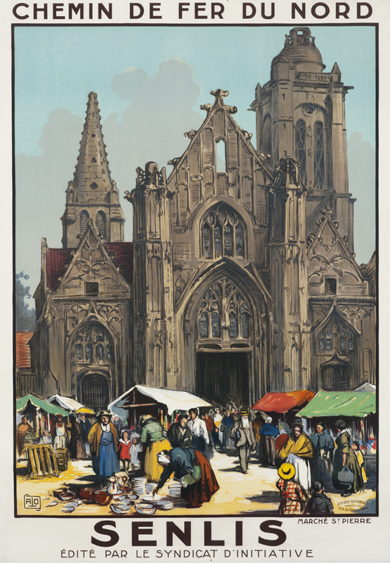 Cathedral with market in front; red, green, gray, brown