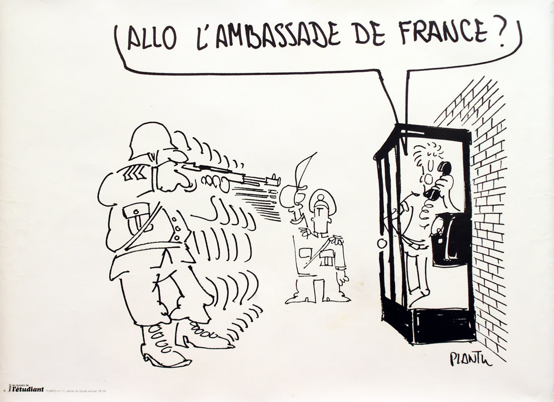 Man in front of firing squad in phone booth asking for the French embassy