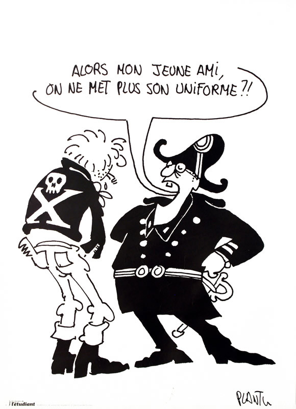 Man in military uniform with sword asks punk, "So my young friend, not wearing your uniform?"