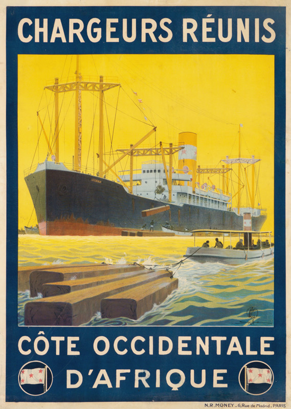 Freighter in port loading saw logs that are being towed by boat; yellow, red, black