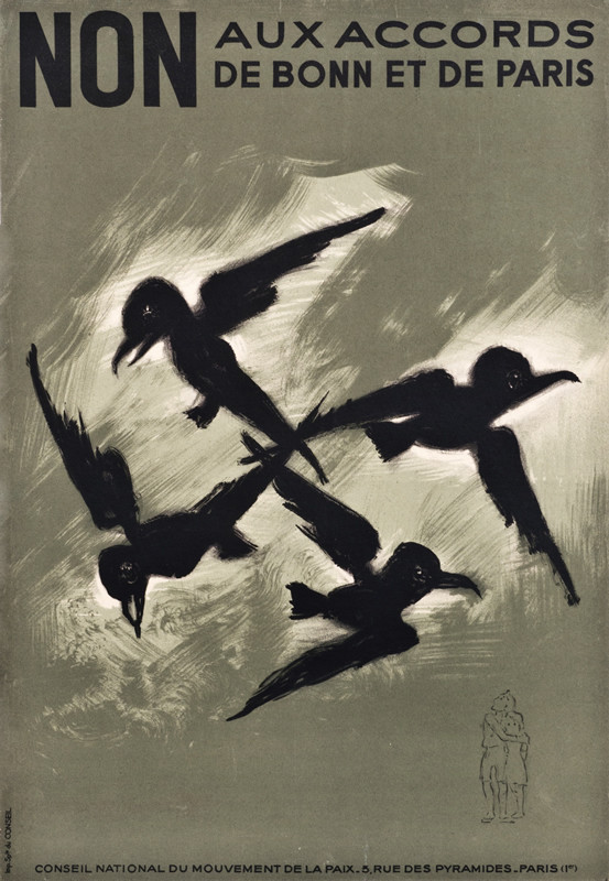 Black birds forming a swastika; black, green, white