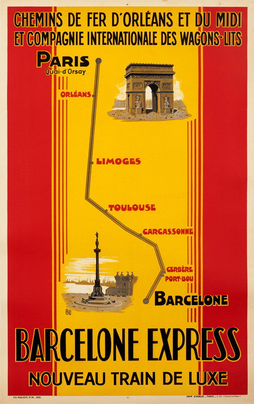 Wagon-Lits Express Train map from Barcelona to Paris; red, yellow, brown