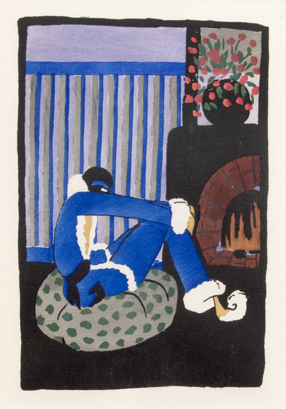 Woman sitting on cushion by fireplace; blue, black