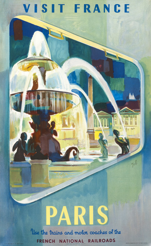 View from train of Paris fountain and architecture; blue, yellow, green