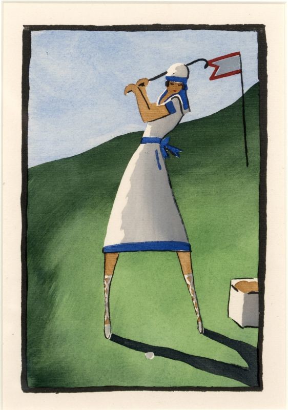 Stylish woman golfer; green, blue, red