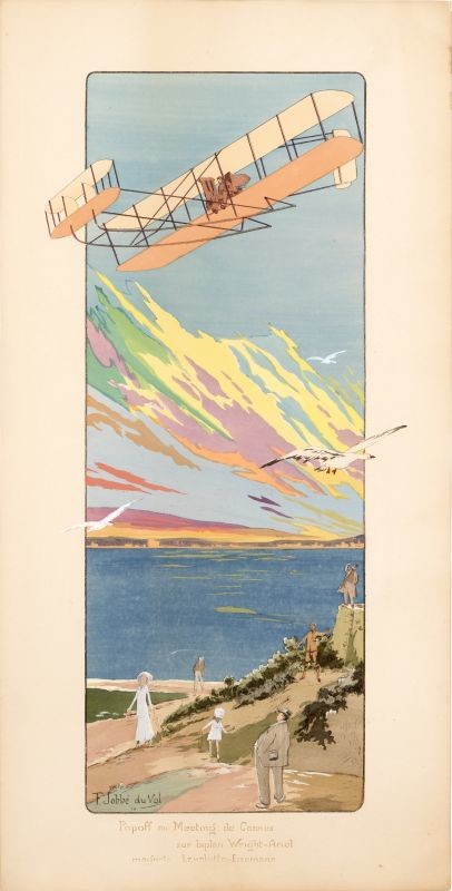Wright Brothers plane, spectators, seagulls, ocean, beach, bi-plane; blue, orange, green, purple, pink