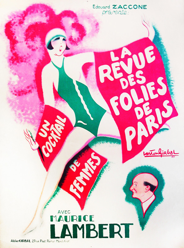 woman in dance pose singing and profile of man; green, red, white