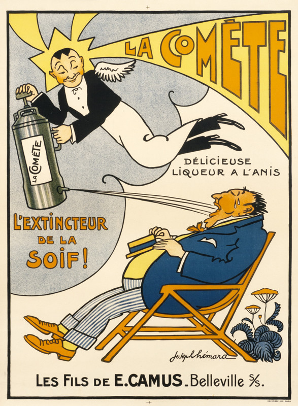 Flying waiter shoots liqueur into a perspiring, fat man's mouth; blue, yellow