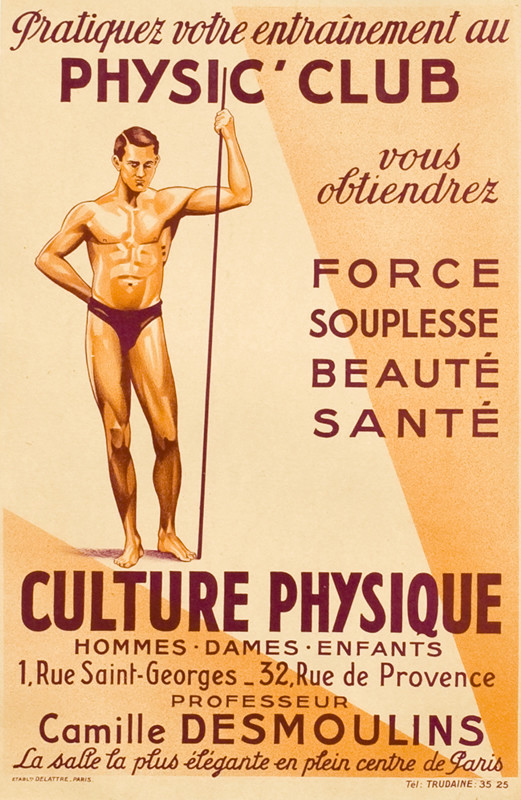 Muscular gent stands holding rod, text surrounding; red, orange, tan