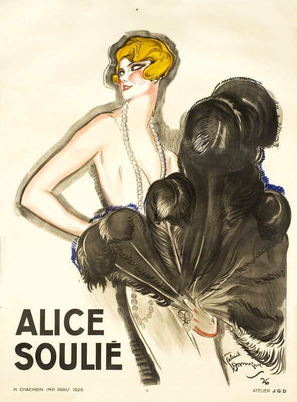 elegant deco blond woman with huge feather fan; pink, black, blue