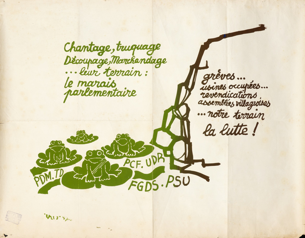 Poem with green frogs on one side, poem with rocks on the other side; green, black and white