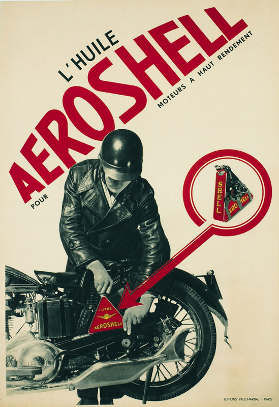 Photomontage of biker pouring oil into his motorcycle; black, white, red