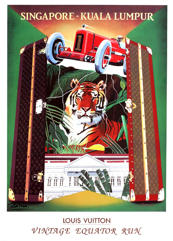 Tiger, race car, mansion, and luggage; Raffles hotel; Louis Vuitton