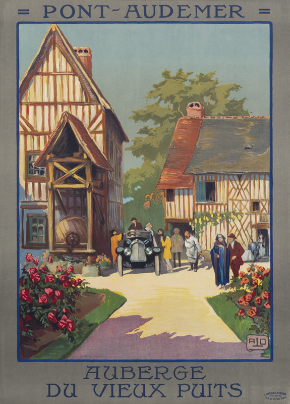 Street in small town with car surrounded by welcoming crowd; yellow, red, green