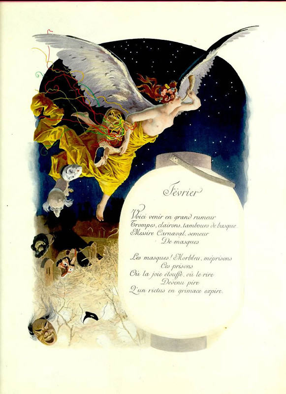 Winged woman blows horn with masks in sky; poem; blue, yellow