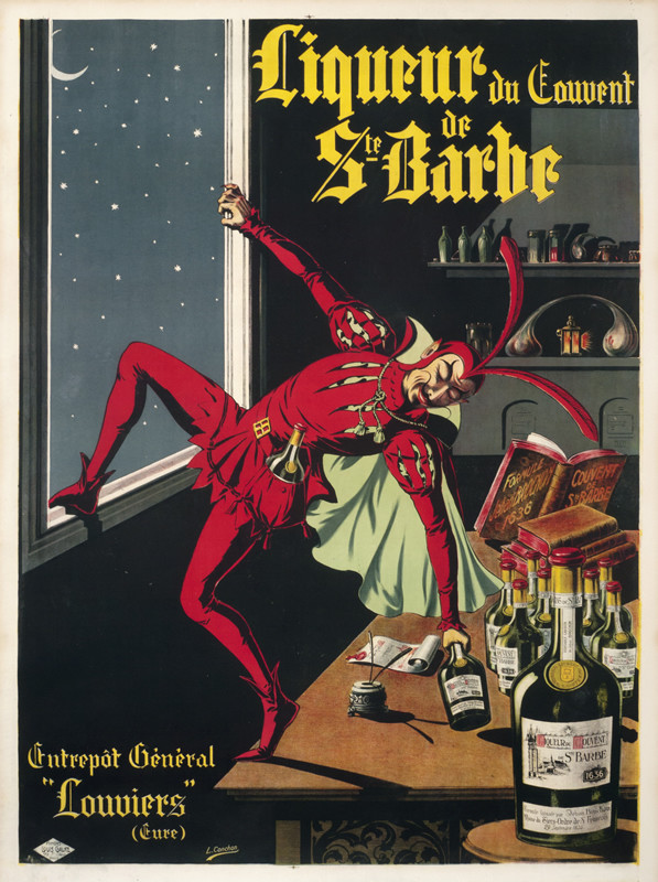 Devil flies out of window with bottle from table; red, black, white, yellow, green