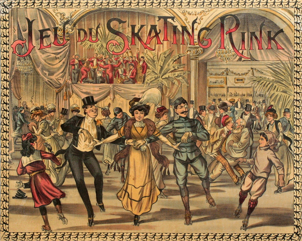 Well dressed figures in crowded roller skating rink; brown, red