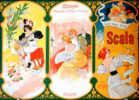 Trifold, lute player with putto, figures watching show, woman conducting; orange, blue, yellow