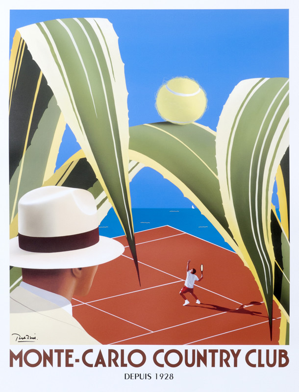 Man in hat watches tennis player; yellow, clay, green